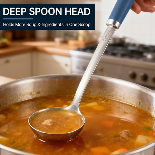 Safring Stainless Steel Soup Ladle and Spaghetti Spoon Set, Heat Resistant Rubber Handle, Dishwasher Safe, Kitchen Utensils for Cooking, Stirring, Serving Pasta, Soup & Sauce (Blue)
