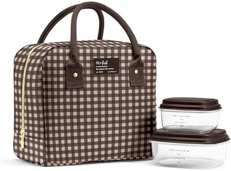 Fit & Fresh Bloomington Lunch Bag for Women - Insulated Large Lunch Box for Work with Containers, Leak-Resistant, Gingham Tan