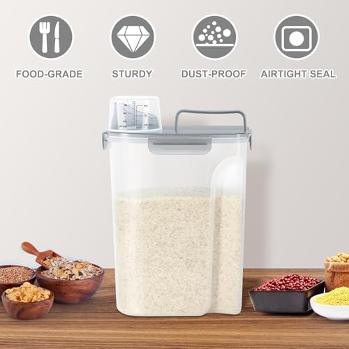 TBMax Rice Container 10 Lbs, Cereal Container Oatmeal Storage, Airtight Food Dispenser with Pouring Spout & Cup for Flour Grain Beans, Pet Dog Cat Food Storage Container-Translucent Grey