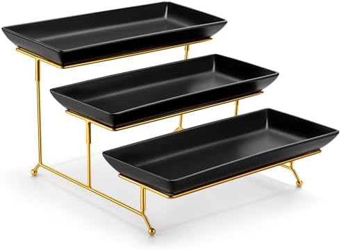 MALACASA 3 Tier Serving Trays for Party, 14 Inch Porcelain Black Trays for Serving Food, Dessert Stand with Collapsible Gold Metal Rack
