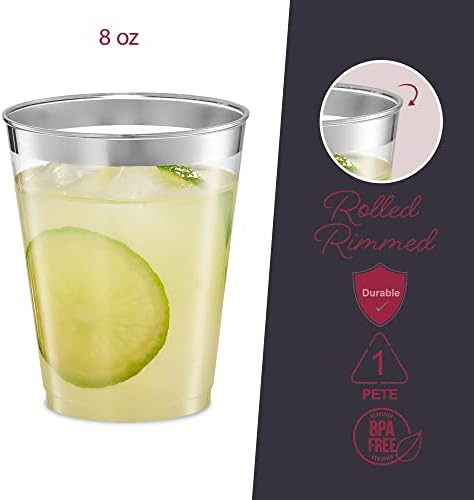 PLASTICPRO Disposable 8 oz Crystal Clear Plastic Tumblers With Silver Rim for Party's & Weddings pack of 50