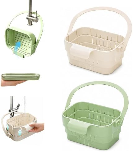 2 Pack Foldable Hanging Sink Strainer Basket, Over Sink Collapsible Colander with Faucet Hook, Kitchen Drain Basket for Washing Fruits Vegetables, Food Scraps Strainer & Sink Organizer