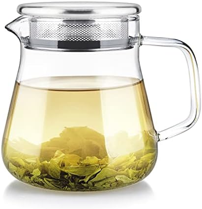 Teabloom One-Touch Tea Maker, 2-in-1 Teapot and Kettle with Stainless Steel Filter Lid for Loose Tea – Stain-Free Borosilicate Glass Tea Pot (15 Oz) – Tea Connoisseur's Choice