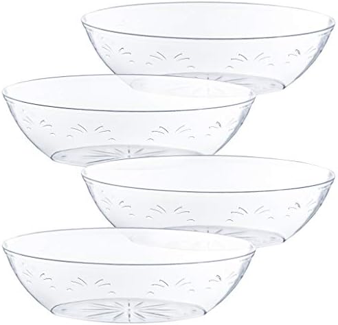 PLASTICPRO Disposable Oval Serving Bowls, Party Snack or Salad Bowl, 64-Ounce, Plastic Crystal Clear Pack of 4