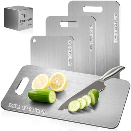 Katori Titanium Cutting Board - Upgraded 100% Pure Titanium Cutting Boards for Kitchen Non Toxic, Double Sided Food Grade Hygiene Non Moldy Dishwasher Safe Meat Fruit Metal Board (2PC S+L)