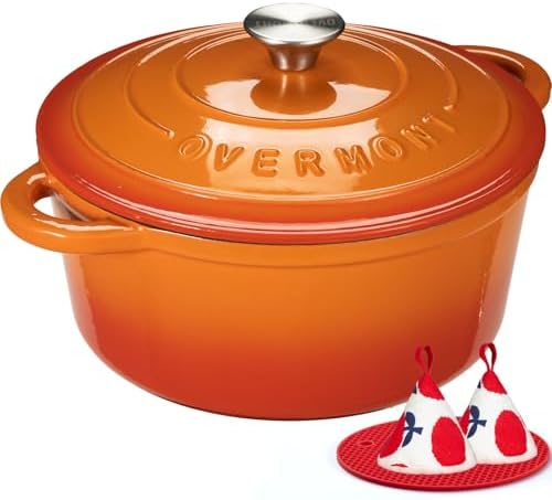 Overmont Enameled Cast Iron Dutch Oven - 7QT Pot with Lid Cookbook & Cotton Potholders - Heavy-Duty Cookware for Braising, Stews, Roasting, Sourdough Baking orange