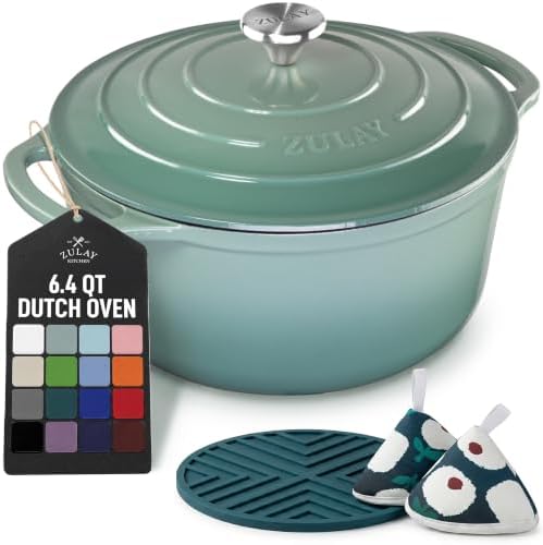 Zulay Kitchen 6.4QT Enameled Cast Iron Dutch Oven Pot with Lid, Heavy-Duty Soup Pot for Stews, Braising, Roasting & Sourdough Bread Baking, Oven Safe up to 500°F - Aventurine