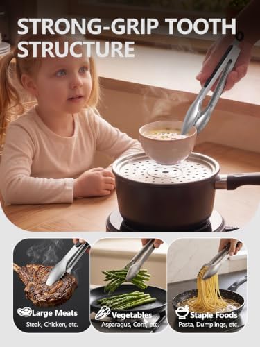 Stainless Steel Kitchen Tongs with Teeth Good Grip, Set of 3 Black