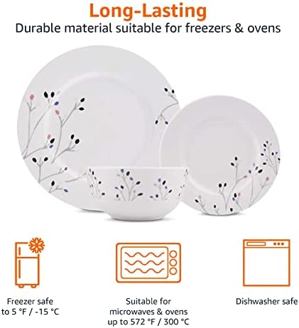 Amazon Basics 18-Piece Complete Kitchen Dinnerware Set, Microwave and Dishwasher Safe, Plates, Dishes, Bowls, Service for 6, Branches