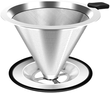 Pour Over Coffee Dripper, Stainless Steel Coffee Filter, Paperless Reusable Coffee Filter, Double Micromesh 600 Mesh Strainer Coffee Maker with Heat-Resistant Silicone Handle & Base (1-2 Cups)