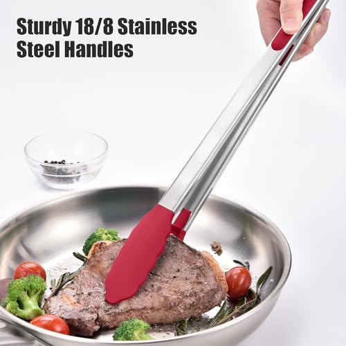 Doosu Kitchen Tongs with Silicone Tips for Cooking Serving (16in, Red)