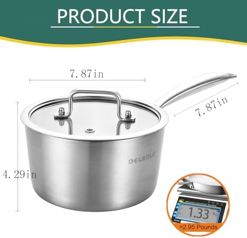 DELARLO Full-body Clad Tri-Ply Stainless Steel 3 Quart Saucepan with Lid