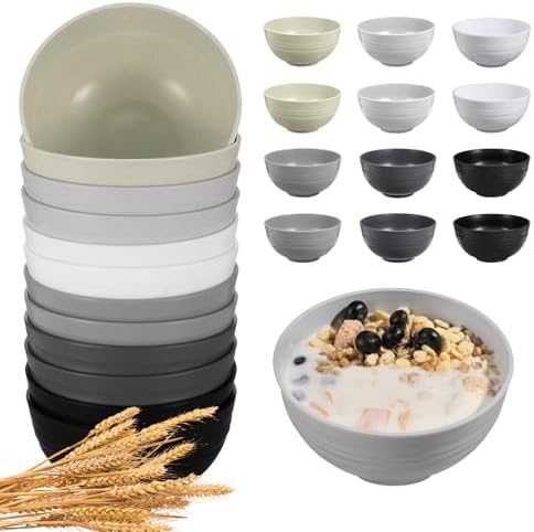 HEYCOME 12 Pcs Unbreakable Cereal Bowls Set, 26 Oz Wheat Straw Bowls Set, Microwave & Dishwasher Safe Bowls for Kitchen, Reusable Plastic Bowls for Soup, Salad and Snack, BPA Free, Multicolor