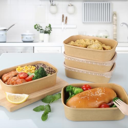 50 Sets 17oz Disposable Kraft Paper Bowls with Lids, Rectangle