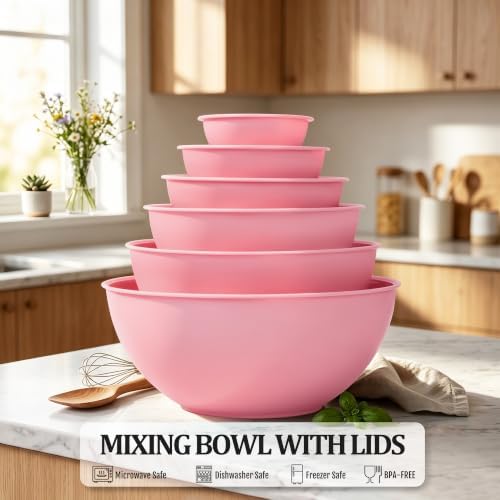 BoxedHome BPA Free Plastic Round Mixing Bowl with Lids, 12 Pack Nesting Bowls with Lids Set, Microwave and Dishwasher Safe Prep & Serving Bowls Great for Mixing, Baking, Serving (Pink, 12pcs)