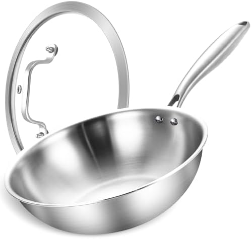 LOLYKITCH 10-Inch Stainless Steel Wok with Glass Lid | Riveted Handle