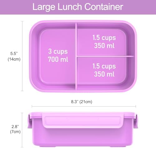 Caperci Classic Bento Lunch Box for Kids & Adults - Leakpoof 47oz Food Lunch Containers for Girls Women, 3-Compartment, Built-in Utensil Set, BPA-Free, Dishwasher/Microwave Safe (Vivid Orchid)