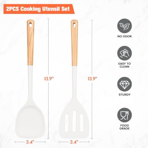 Extra Large Silicone Spatula Turner Set with Wooden Handle (White)