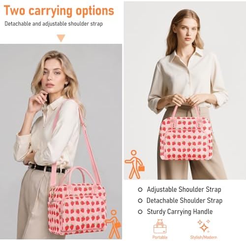 Lunch Bag Large Insulated Lunch Box for Women Adult Cute Pink Strawberry Lunchbox Corduroy Lunch Bags Boxes Pail with Shoulder Strap for Work (Big Red Strawberry)