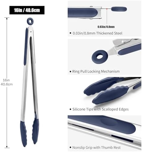 Doosu Kitchen Tongs with Silicone Tips for Cooking Serving (16in, Navy)