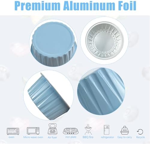 100Pcs Aluminum Cups with Lids,5oz Disposable Ramekin Baking Cups Muffin Liners Mini Pie Pans Foil Cupcake Containers for Christmas Party Wedding Party,Sky Blue