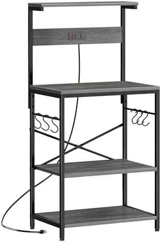 SUPERJARE Kitchen Bakers Rack with Power Outlet, Coffee Bar Table 4 Tiers, Kitchen Microwave Stand with 6 S-Shaped Hooks, Storage Shelf Rack for Spices, Pots and Pans - Charcoal Gray