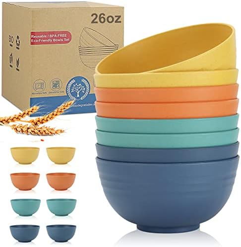Wheat Straw Bowl Sets,8 PCS Unbreakable Cereal Bowl 26 OZ,Microwave and Dishwasher Safe Bowls,Bowl Sets for Camping and Picnic BPA Free Colorful Salad Bowls for Serving Soup,Oatmeal and Fruit Etc…