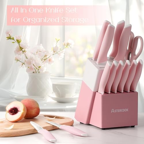 Astercook Knife Set, Kitchen Knives Set with Block and Sharpener 15 Pcs German Stainless Steel Sharp Blade Dishwasher Safe with Ergonomic Handle, Crystal Pink