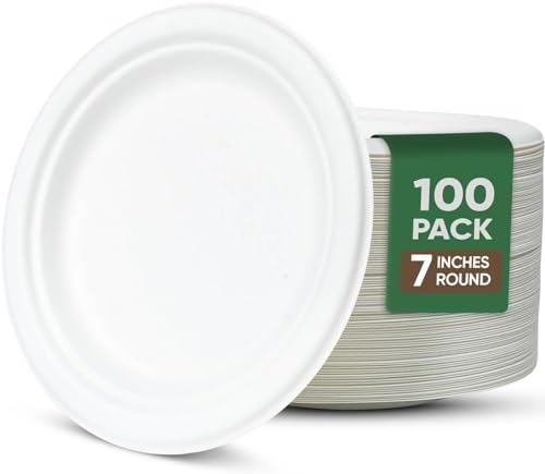 TaidMiao 7 Inch Paper Plate 100 Pack White Disposable,100% Compostable