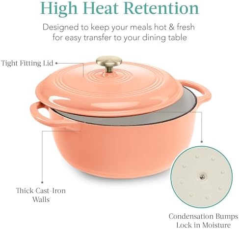 Best Choice Products 6 Quart Enamel Cast-Iron Round Dutch Oven, Family Style Heavy-Duty Pre-Seasoned Cookware for Home, Kitchen, Dining Room, Oven Safe w/Lid, Dual Handles - Peach Sorbet