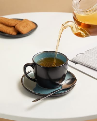 Pokini Stoneware Coffee Cups with Saucers, Cappuccino Cups, Mugs Set of 4