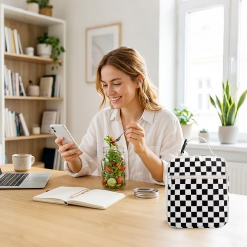 Lunch Box for Women Men Adult Insulated Lunch Bag Women Men Small Reusable Lunchbox for Work Picnic Travel (Black-White Plaid)