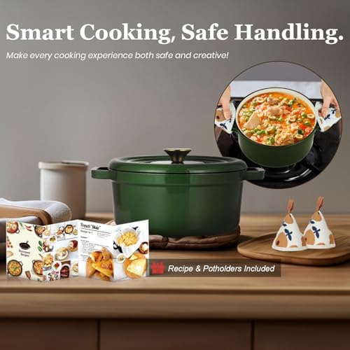 Overmont Enameled Cast Iron Dutch Oven - 5QT Pot with Lid Recipe Potholders