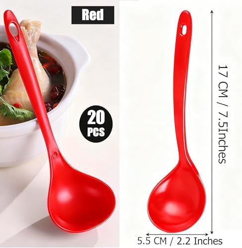 Large Plastic Serving Spoons,Disposable Heavy Duty Serving Spoons,Long Handle Scoop Soup Rice Ladle for Party Catering Buffet Restaurant,20 Pieces (Red)