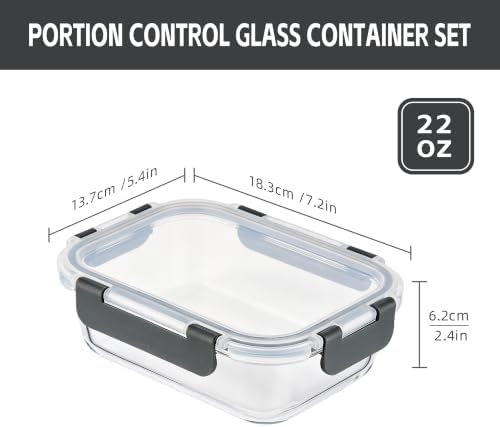 6-Pack 22oz Glass Meal Prep Containers with Lids, Airtight Leakproof Snap Lock Food Storage, Freezer, Microwave, Oven & Dishwasher Safe Bento Boxes for Meal Prepping, Grey