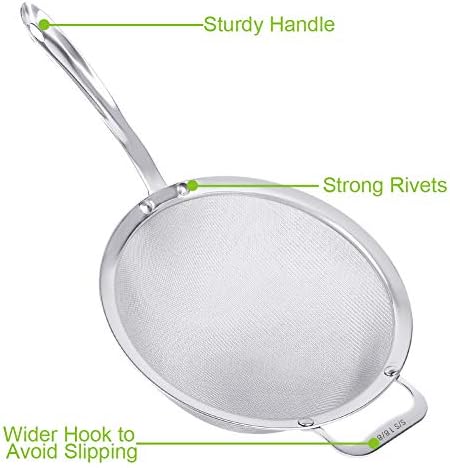 9" Large Mesh Strainer, Stainless Steel 18/8 Extra Fine Quinoa Sieve, with Solid Sturdy Handle, Flour Filter with Wider Hook