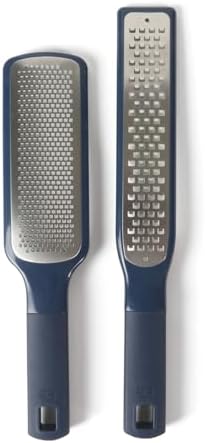 Calphalon Prime Grater and Zester, 2-Piece Stainless Steel Cheese Grater & Lemon Zester Set, Kitchen Graters with Non-Slip Rubber Handles & Protective Covers for Cheese & Vegetables, Navy Blue