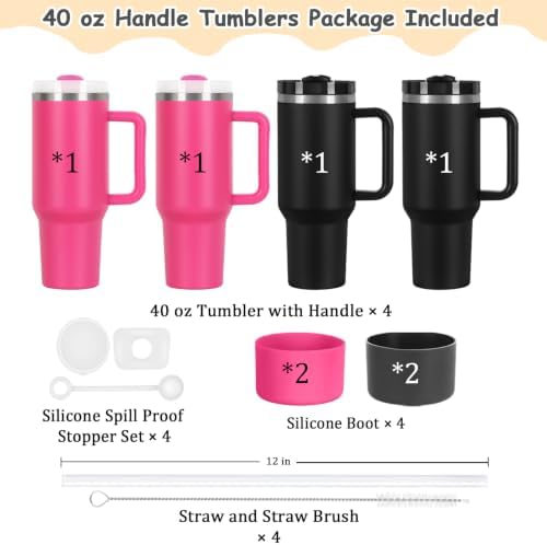 4 Pack 40 Oz Tumblers with Handle Bulk, Double Wall Vacuum Insulated Stainless Steel Tumblers with Lid and Straw, 40 oz Cup with Silicone Spill Proof Stopper Set (Black-2,Hot Pink-2)