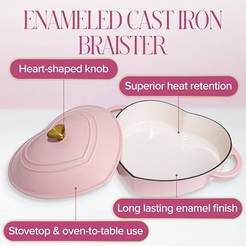 Paris Hilton Enameled Cast Iron Braiser, Heart-Shaped Skillet with Lid, Superior Heat Retention Casserole, Stovetop and Oven-to-Table, 3.5-Quart, Pink