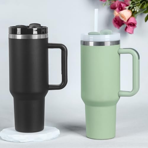 40 Oz Tumbler with Handle, Double Wall Vacuum Insulated Stainless Steel Tumbler with Lid and Straw, 40 oz cup with Silicone Spill Proof Stopper Set (Black-1)
