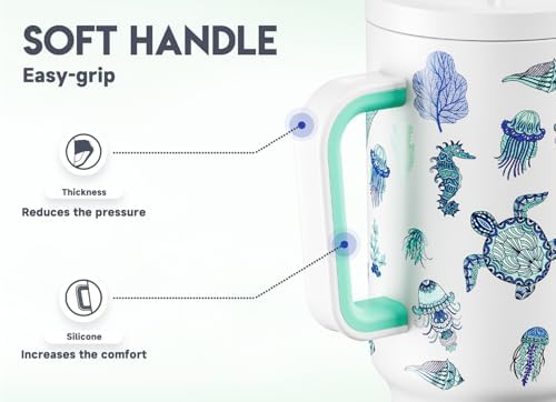 Meoky 40 oz Glow in the Dark Tumbler with Handle and Straw, Tumbler with Lid and Straw, Insulated Stainless Steel Travel Mug, 100% Leak-proof, Keeps Cold for 34 Hours (1 Pack, Sea Life)
