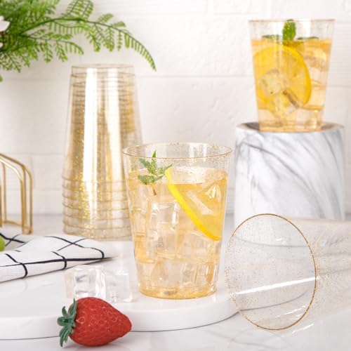 I00000 60 Pcs Gold Plastic Cups, 10 oz Hard Gold Glitter Disposable Cups