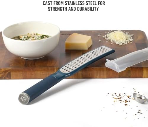 Calphalon Edge Stainless Steel Handheld Grater Lemon Zester W/Cover & Rubber Handle - Navy Blue