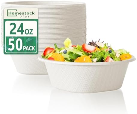 Homestockplus Disposable Bowls 24 Oz [50 Pack] - Compostable Bowls, Heavy Duty Paper Bowls Microwave Safe BPA-Free Eco Dinnerware for Kids Meals & Food Trucks (White)