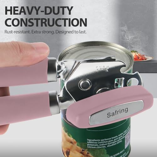 Safring Can Opener Manual, Heavy Duty Handheld Strong Can Opener with Soft Touch Handle, Sharp Blade Smooth Edge, Can Openers with Multifunctional Bottle Opener, Pink
