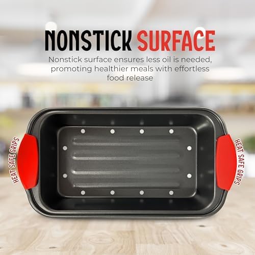 PERLLI Nonstick Meatloaf Pan with Drip Tray Insert – High-Carbon Steel Bakeware with Silicone Grips – Ideal for Baking Bread, Cake, and Roasting Meat in the Oven - 2-Piece Set