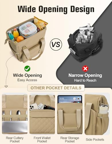 ISEYOU Large Lunch Bag for Men & Women, 20L Insulated Cooler Bag with Wide Opening, Leak-Proof & Multi-Pocket Leather Lunch Box, Adjustable Strap Lunch Tote Bags for Work, Office, Picnic and Camping