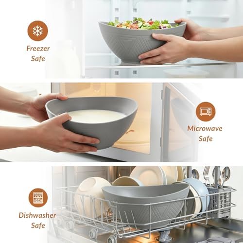 Homienly Wheat Straw Bowls, Large Salad Bowls Set of 6-60 OZ Serving Bowl for Kitchen, Camping, Party - Unbreakablke Microwave and Dishwasher Safe Big Cereal Bowl, Large Soup Bowl - Grey
