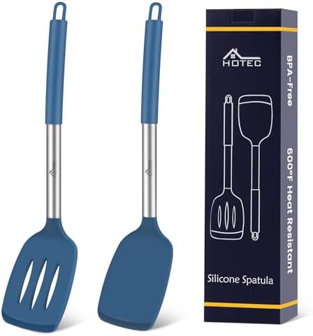 HOTEC Silicone Spatula Set of 2 Heat-Resistant 600°F & BPA-Free Kitchen SaptulaTurner with Stainless Steel Handles, Slotted & Solid Spatulas for Nonstick Cookware, 13.7 Inch, Classic Blue