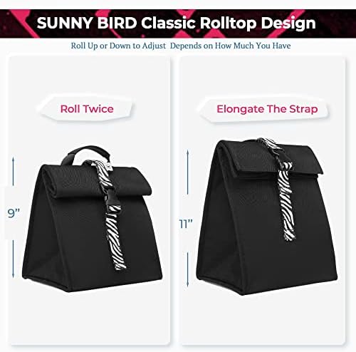 SUNNY BIRD Insulated Lunch Bag Rolltop Lunch Box (Black with white strap)